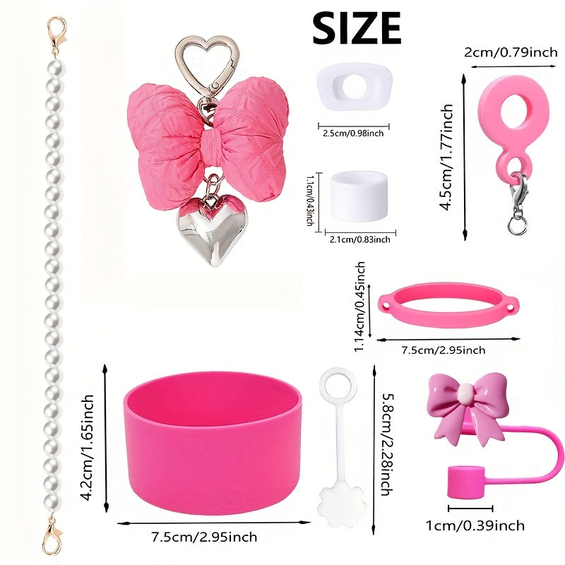 9pcs Elegant Pink & White Water Bottle Accessories Set - Pearl Embellished Straps, Resin Bows, Silicone Boot Covers, Spill-Stopper Lids for Ideal Valentine'S Day, Mother'S Day & Birthday Gifts, Water Bottle Accessories | Eleg